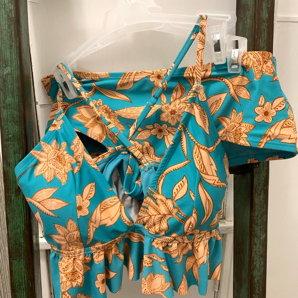 Blue Swimsuit with orange floral design